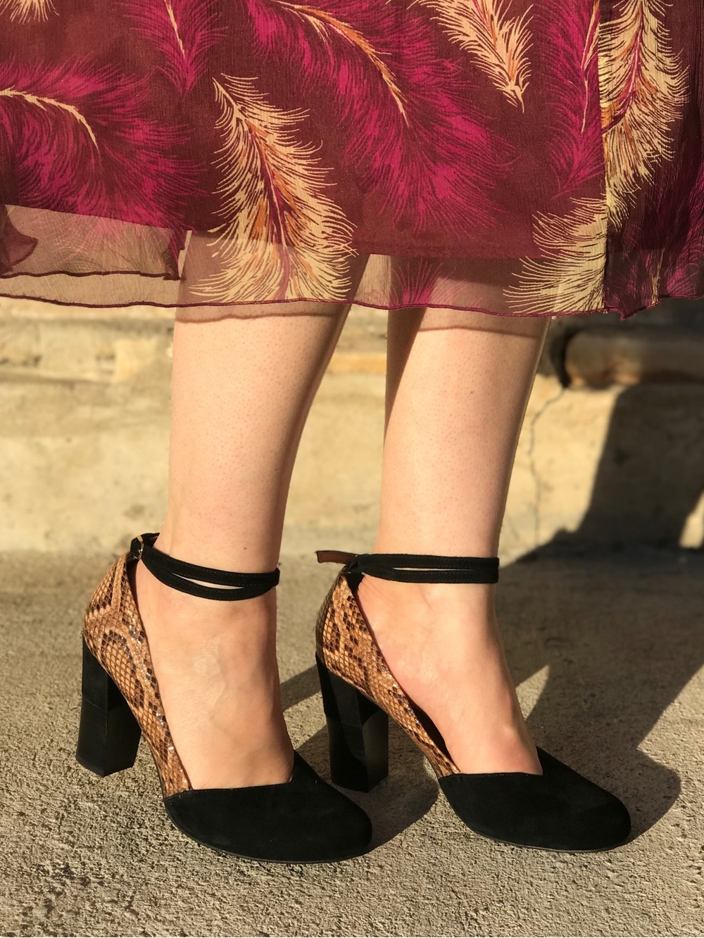 LIEN DO Leather Black and Brown Snake-Print Block Heel Ankle-Strap Pumps